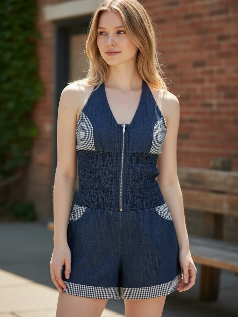 San Julian Denim-Look Romper in Navy